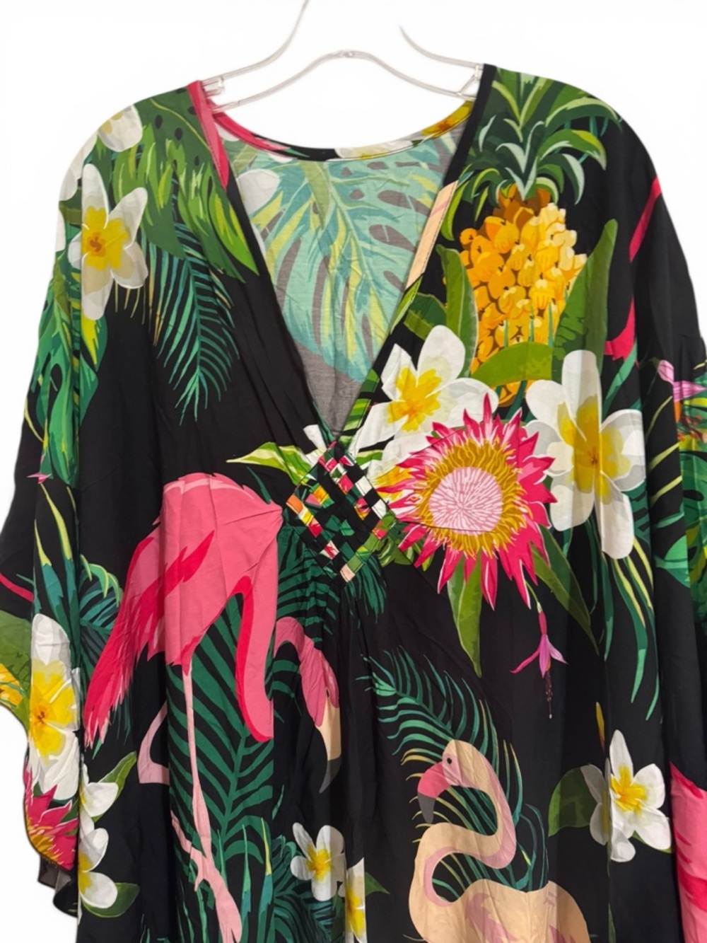 Kaftan Tropical Flamingo Black Maxi Dress V-Neck Diamond Weave Detail One Size - Picture 3 of 10
